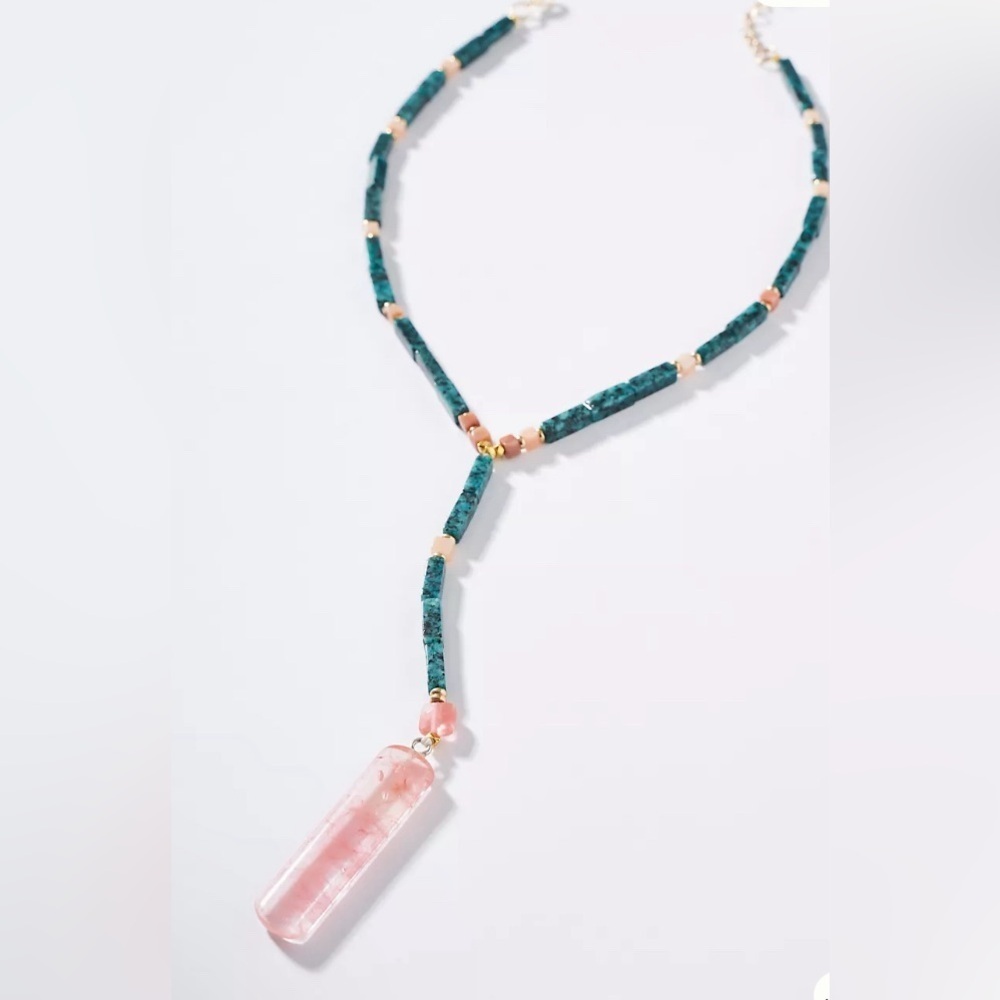 Anthropologie Sea Breeze Pendant Necklace Brass, Turquoise & Rose Quartz